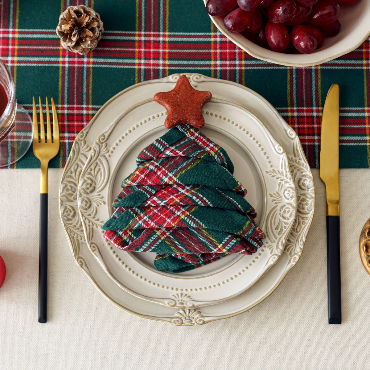 Servilletas de tela escocesa de tartán para Navidad, servilletas