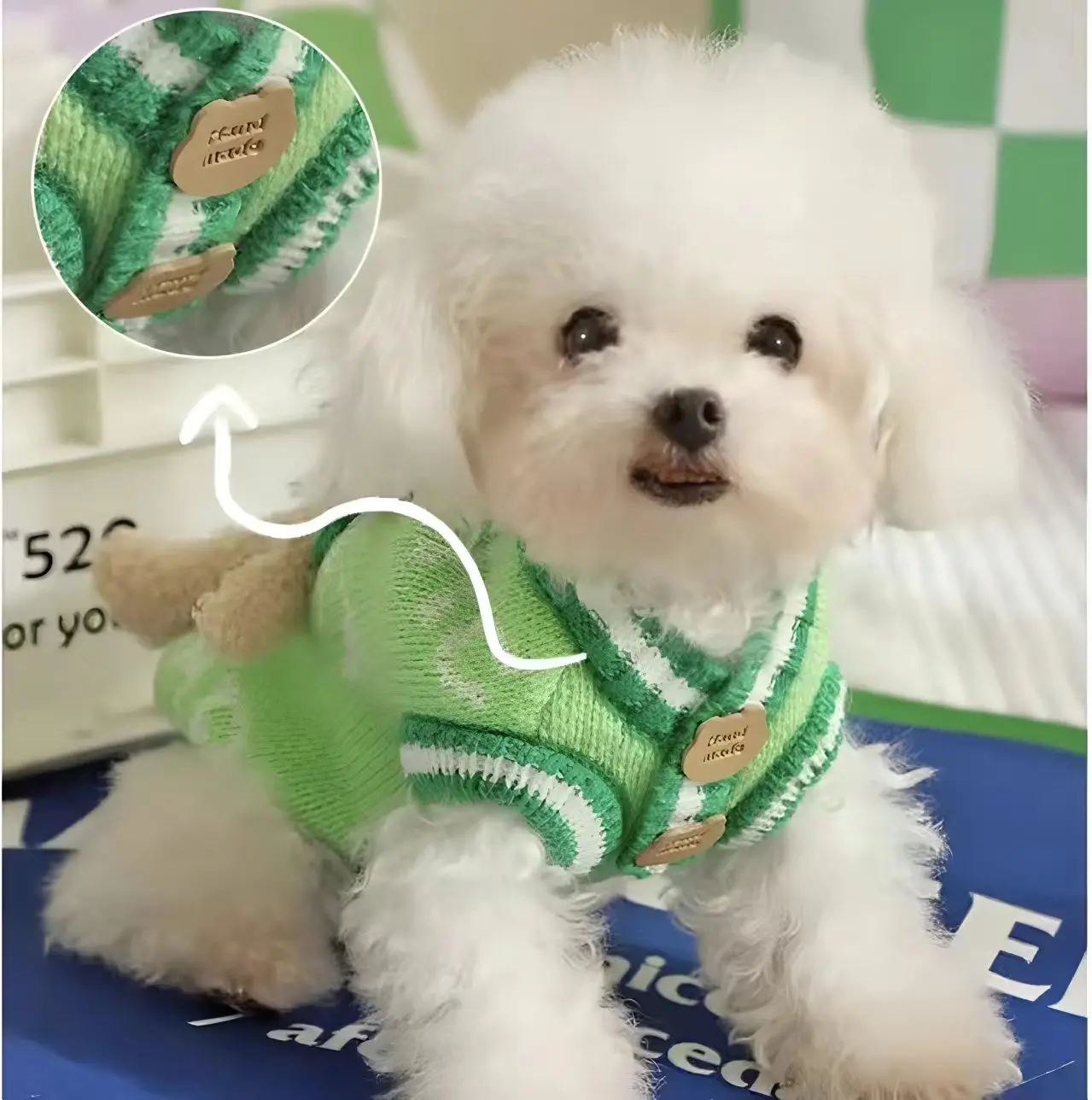 강아지 옷 봄과 가을 따뜻하고 귀여운 곰 단추 장식 V넥 니트 소형견 스웨터 편안하고 피부 친화적