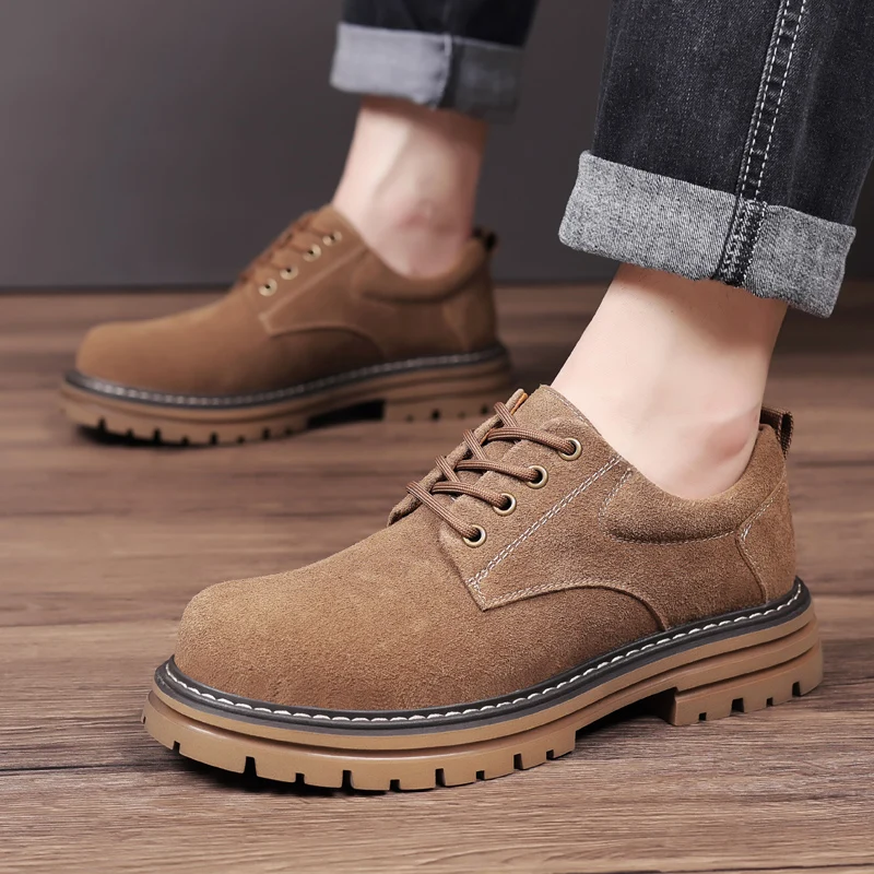 Men ML British lace-up boots platform anti-slip suede casual round toe leather shoes low help working