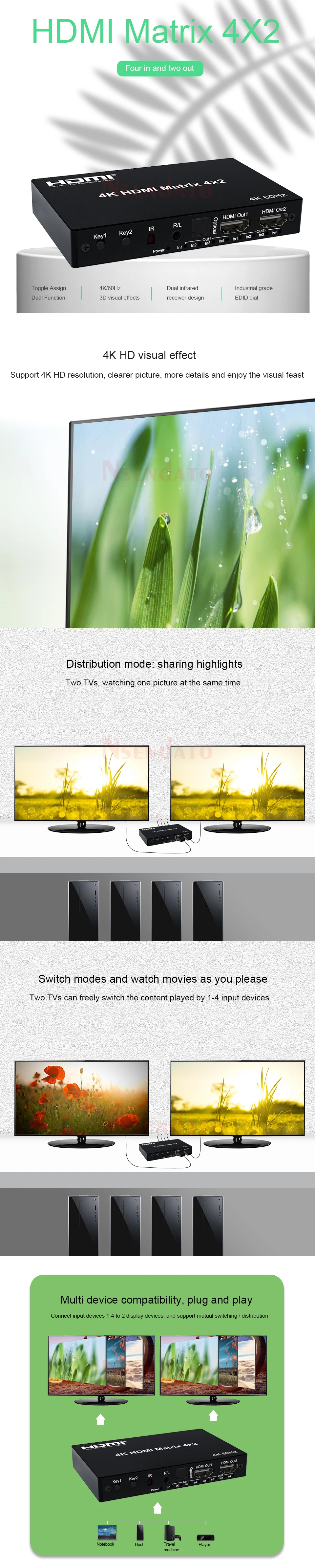 4K 60Hz Switch HDMI True Matrix 4x2 4 in 2 out HDMI Matrix Switch Splitter Conve