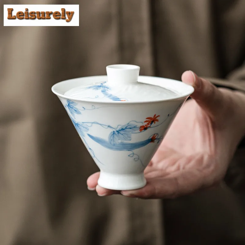 140ml Hand-painted Loofah Gaiwan Retro Bamboo Hat Anti Scalding Tea Tureen Household Tea Making Cover Bowl Items Ornaments
