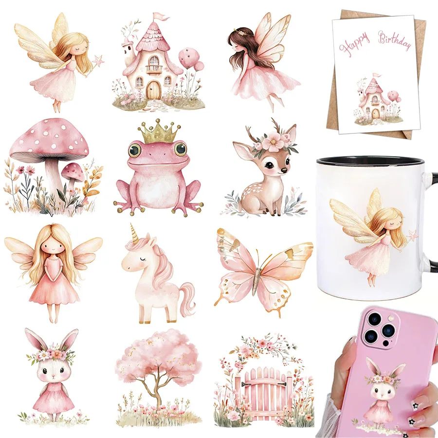 Cartoon Stickers Decorative Stickers Self Adhesive Stickers Custom Stickers Stationery Stickers Paper Stickers Adhesive Stickers Decorative Labels Stickers Animal Stickers Cartoon Sticker 12pcs Pink Woodland Fairy Animals DIY UV DTF Cup Wrap Transfer Sticker Glass Coffee Mugs Greeting Cards School Craft Party Decor