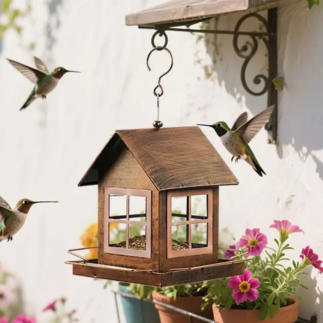 Pet Supplies Hanging Bird Feeder House Shape Large Capacity Bird Food Bowl Windproof Metal Bird Feeding Equipment Porch 4