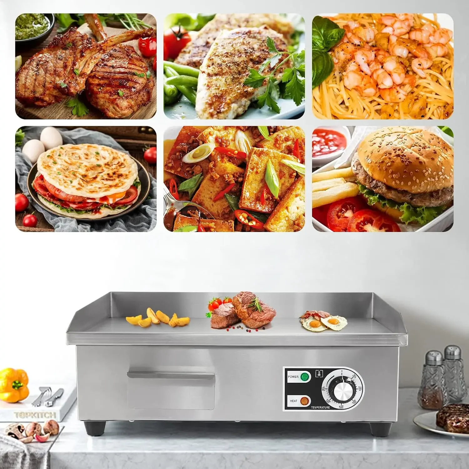 Commercial Electric Griddle 22'' Flat Top Grill Countertop Griddle 3000W 110V Stainless Steel Teppanyaki Grill Large Griddles fo 6