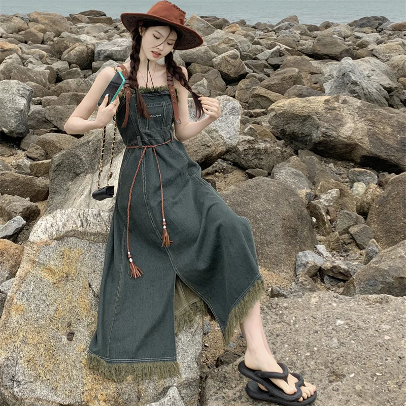 

Милое джинсовое платье-комбинация без рукавов в стиле ретро, женская одежда, новинка 2023, летний пояс, облегающие джинсовые платья с кисточками и завязками