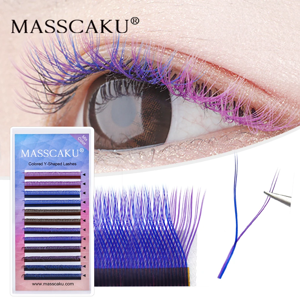 

MASSCAKU Colorful Y Shape Lashes Russian Volume Premade Fans YY Eyelash Extensions Custom Logo Faux Mink Color Y Lashes