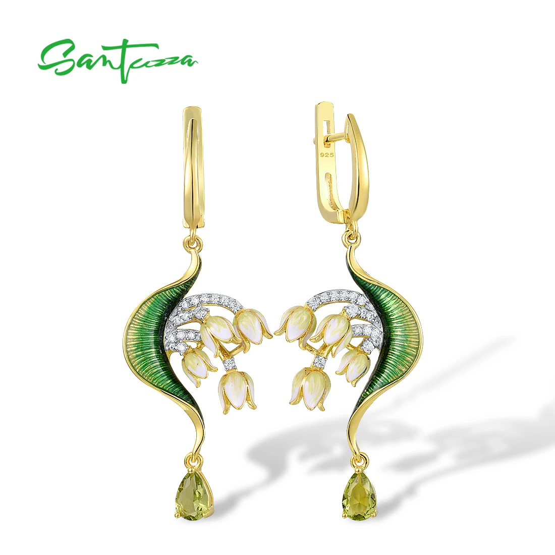 

SANTUZZA Pure 925 Sterling Silver Drop Earrings For Women Sparkling Green Stones White CZ Enamel Flower Fine Jewelry Handmade