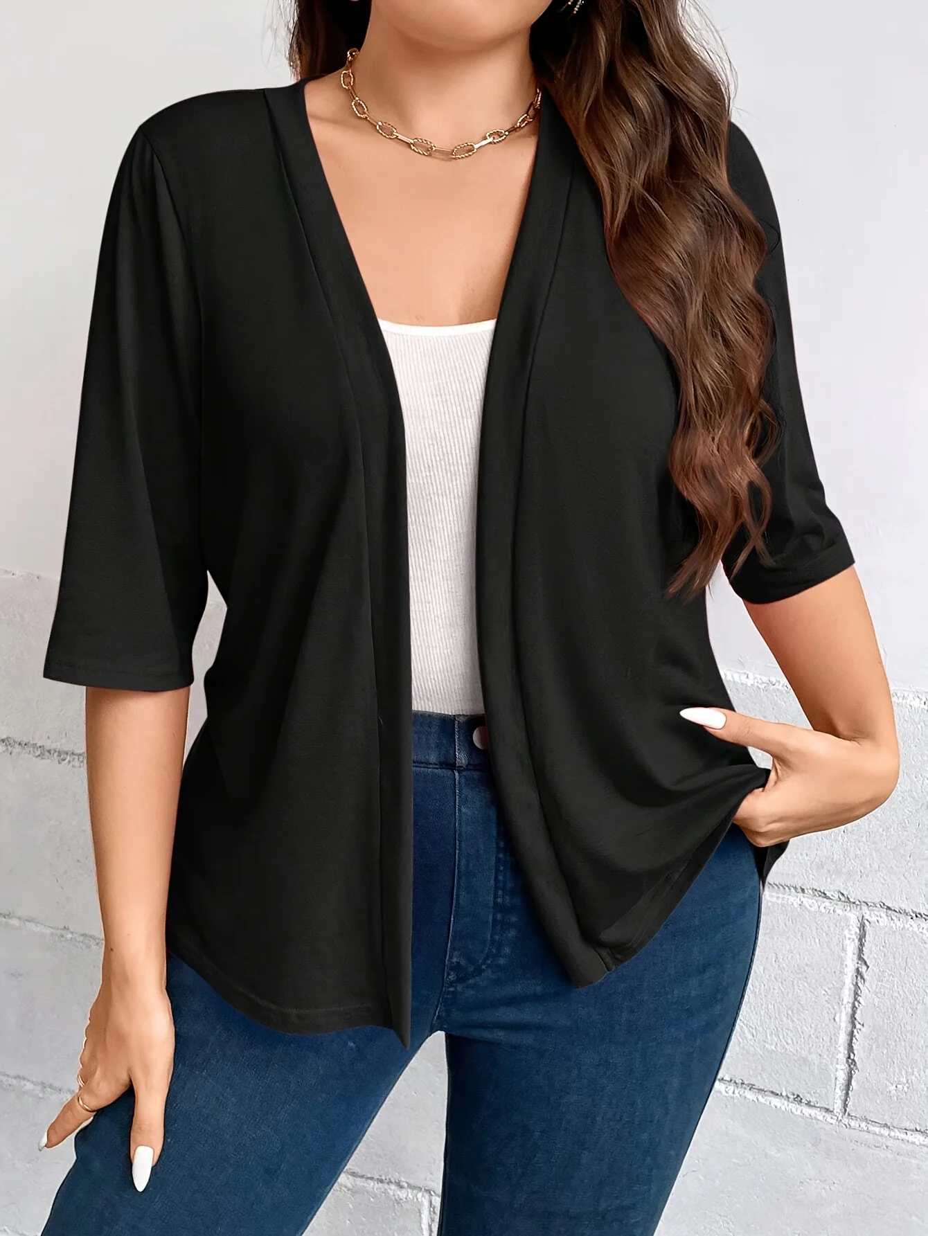 Plus Size einfarbig drapieren Blazer mit offener Vorderseite Einfache und vielseitige Jacke mit offener Vorderseite und Dreiviertel ärmeln – Detail 2