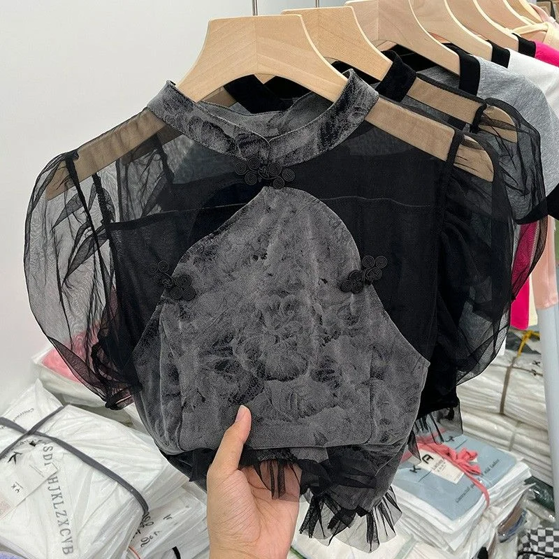 

Y2k Clothes Summer Streetwear New Chinese Style Tops Stand Neck Disc Buckle Tees Mesh Patchwork Puff Sleeve Slim Women T-shirts