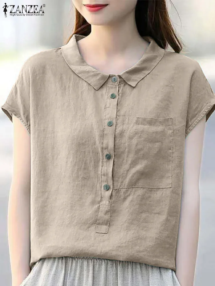 ZANZEA Summer Women Blouse Casual Loose Shirt Short Sleeve Solid Cotton Tunic Tops Fashion Buttons Down Blusas Chemise Oversize