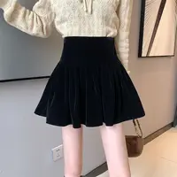 Autumn Winter Black Pleated Skirt for Women Velvet Cute A-line Mini Skirt Shorts Sweet Fashionable Korean Style Female Clothing 1