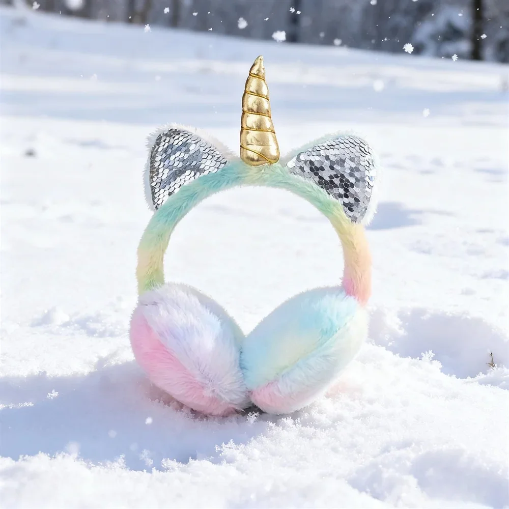 Autumn and Winter Soft Plush Warm Unicorn Earmuffs Tie Dye Sequins Cat Ear Earmuffs Protect Ears From Cold Christmas Gifts