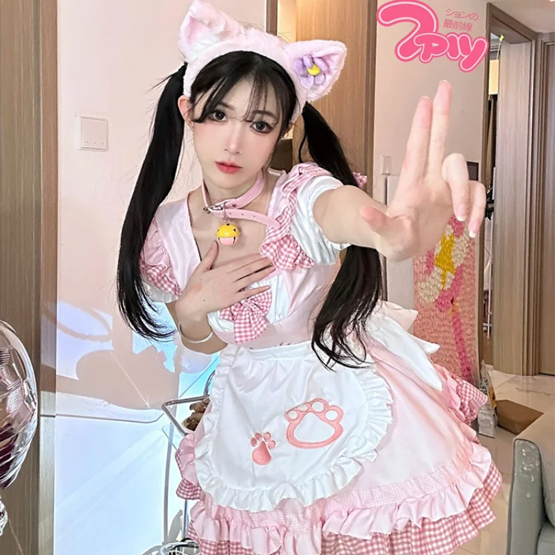 

Halloween Cosplay Party Dress Japanese Sweet Plaid Lolita Cat Girl Anime Maid Uniform Women Waitress Princess Maids Outfit 5XL