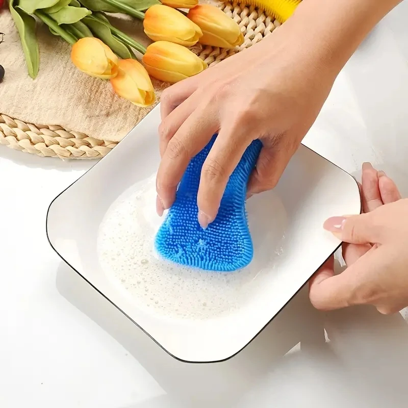 8 Color Silicone Sponge Dish Kitchen Reusable Rubber Scrubber