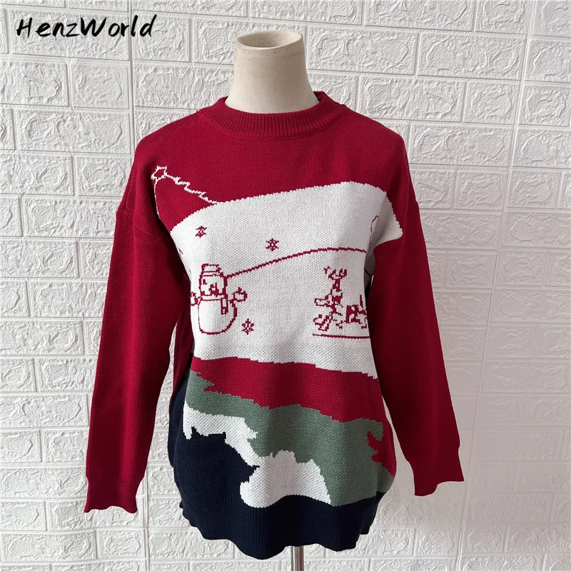 

Women's Sweater Korean Clothes Winter Traf Dress Christmas New Pullovers Knit Woman Clothing Snowman Elk Pattern Official Tops