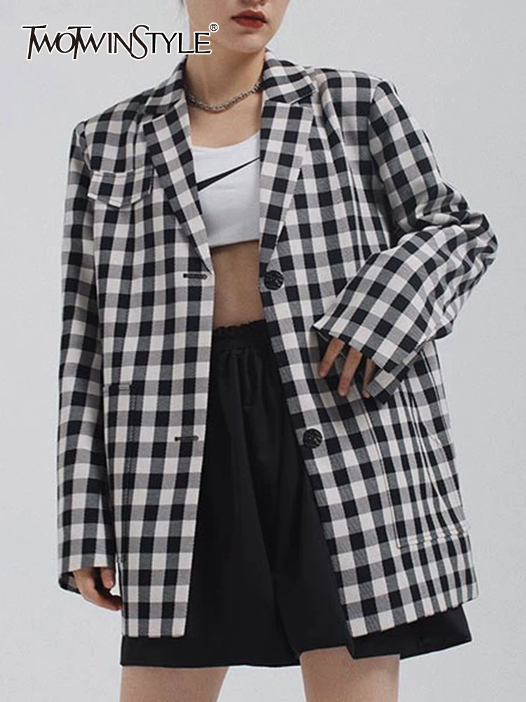 

TWOTWINSTYLE Hit Color Vintage Blazers For Women Notched Collar Long Sleeve Patchwork Single Breasted Chic Blazer Female Clothes