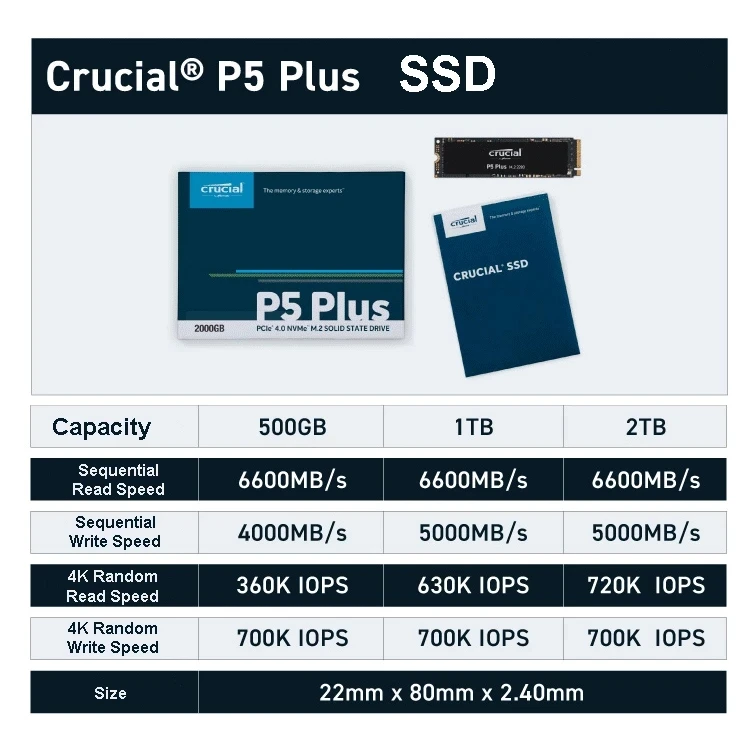 Crucial P5 Plus PCIe 4.0, Ʈ ũž  ϵ ̺, 3D NAND NVMe M.2 2280 ӿ SSD, ִ 6600 MB/s, 2TB, 1TB