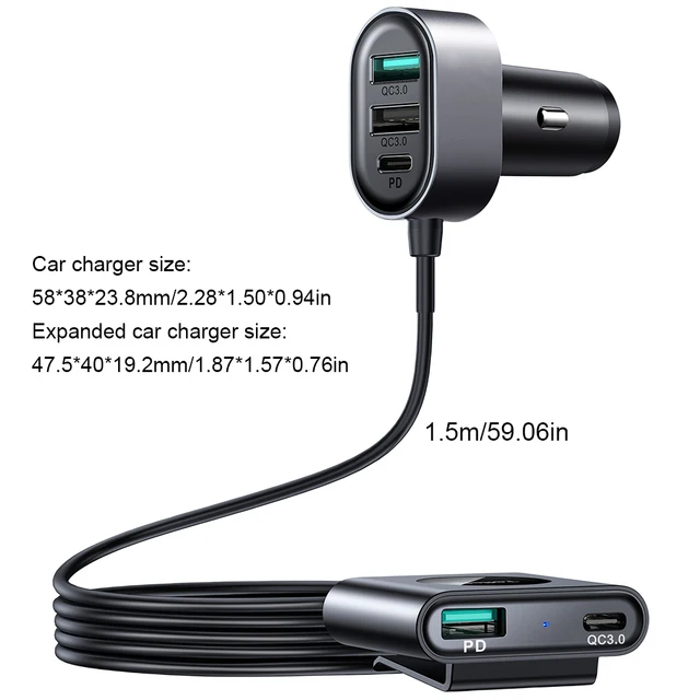 72W Car Charger Adapter with 1.5m Cable 5 Ports Car Charger USB Type C Fast Charging for iPhone Laptop for Samsung Huawei 6