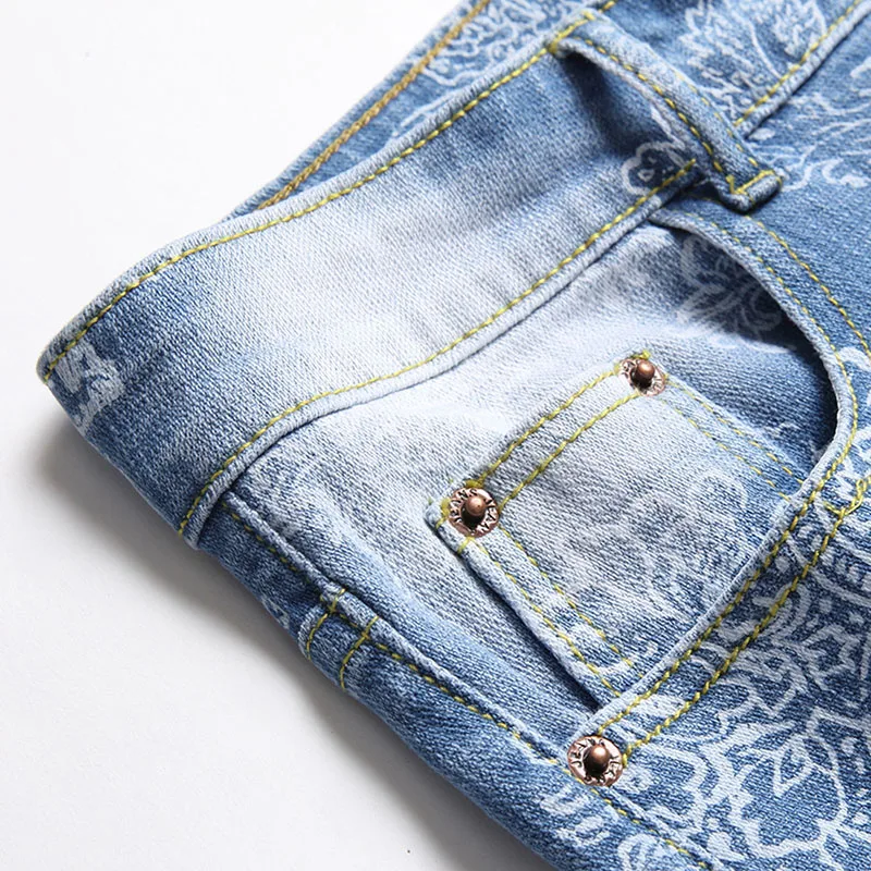 Summer New Men's Denim Shorts Classic Style Flower Printing Blue Fashion Casual Slim Fit Short Jeans Male Cotton Shorts