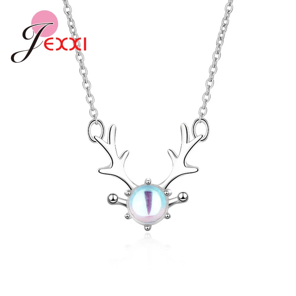 Sterling silver deer antler necklace with a central iridescent moonstone pendant.