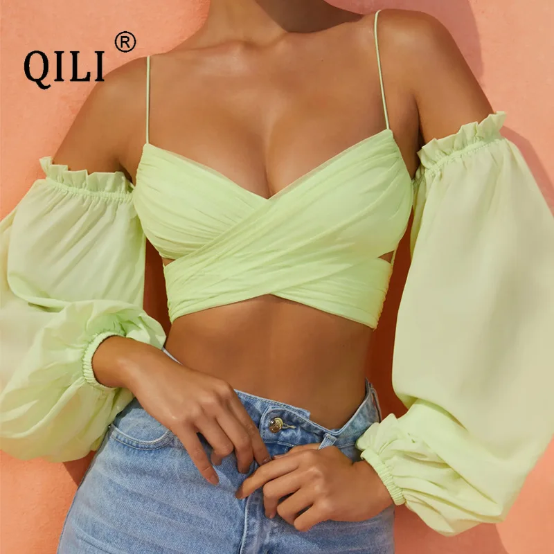 QILI-Off Shoulder Chiffon Top for Women, Long Sleeve Blouse, Suspender Short, Summer, New