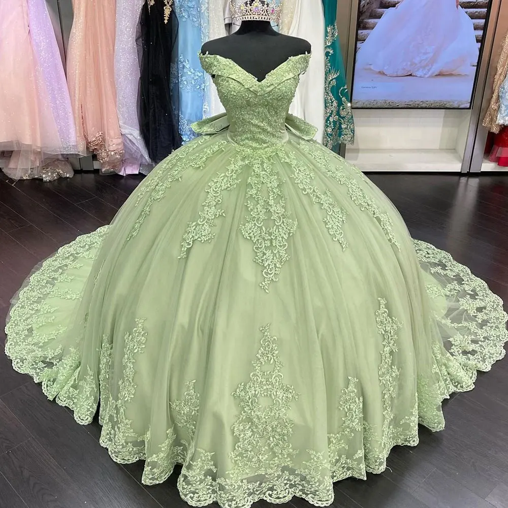 

New Green Ball Gown Quinceanera Dress 2024 Bow Sweetheart Beaded Lace Appliques Long Sweet 16 Vestidos De 15 Quinceañera Party
