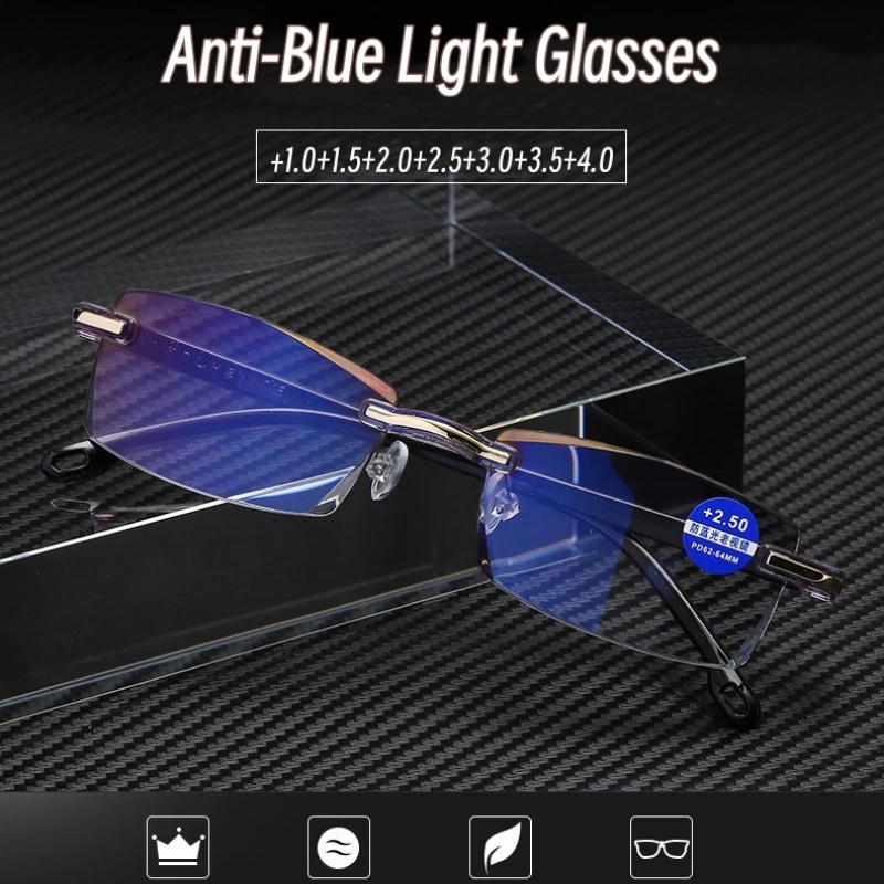 

2023 Rimless Anti Blue Light Reading Glasses Women Men Anti-radiation Presbyopia Eyeglasses Diopter +1.0 1.5 2.0 2.5 3.0 3.5 4.0