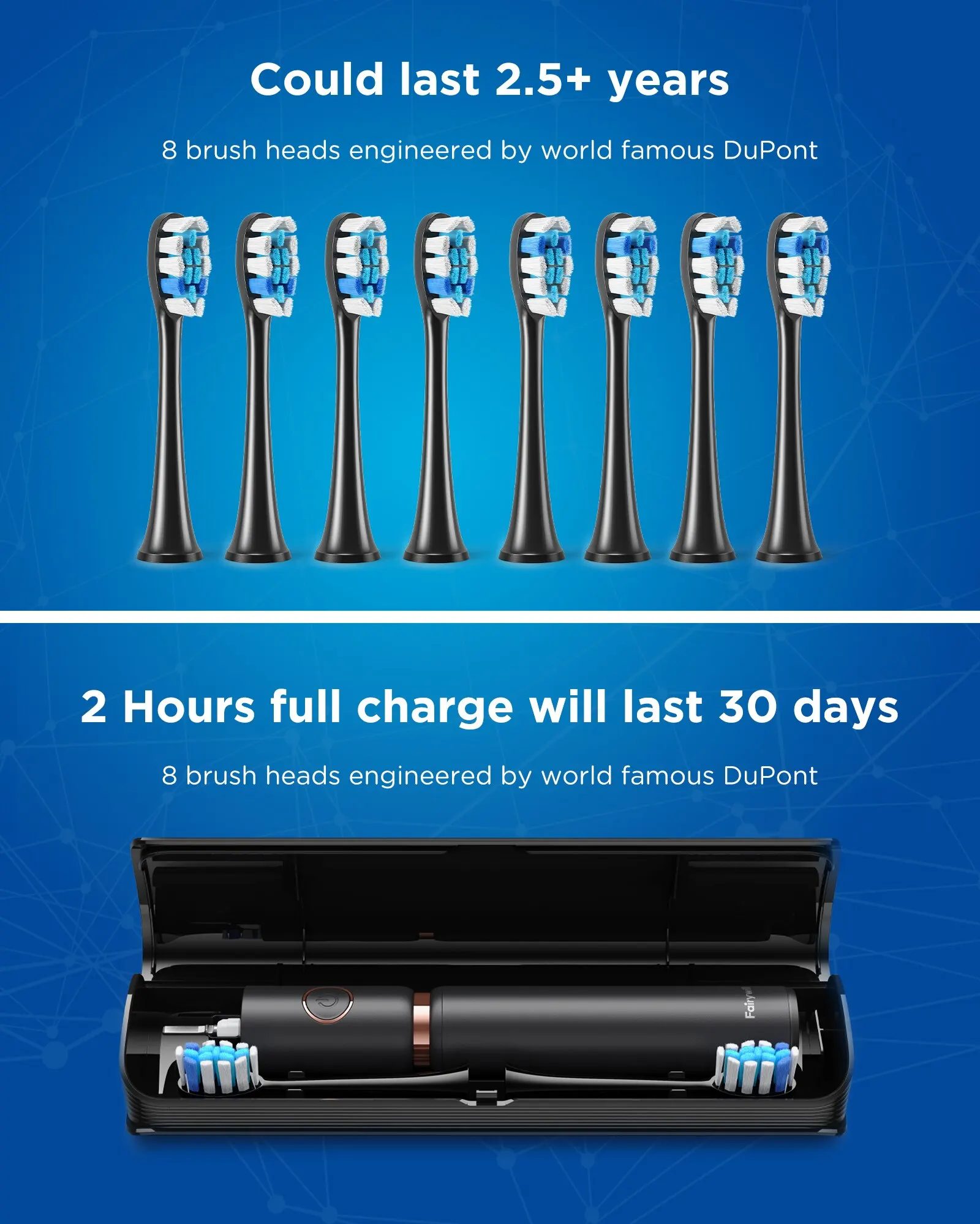 Electric Toothbrush Fairywill P11 Sonic Whitening Electric Toothbrush Rechargeable USB Charger Ultra Powerful Waterproof 8 Heads and 1 Travel Case