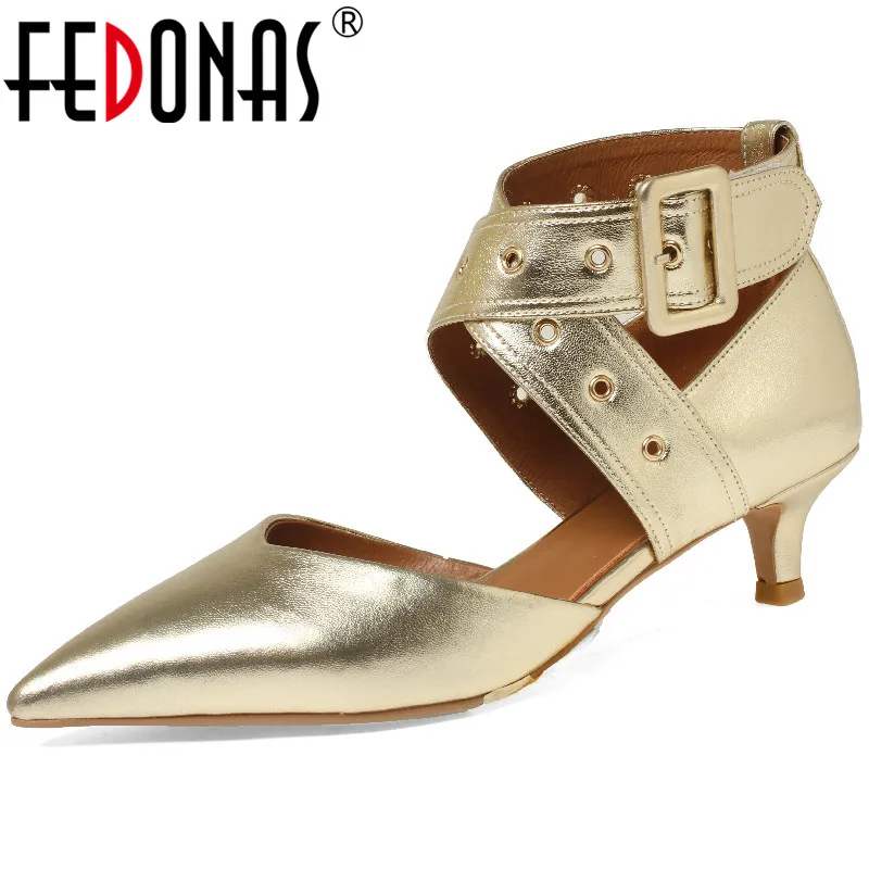 

FEDONAS Women Pumps Sexy Fashion Point Toe Thin Heels Office Party Genuine Leather Buckle Shoes Woman Spring Summer New Arrival