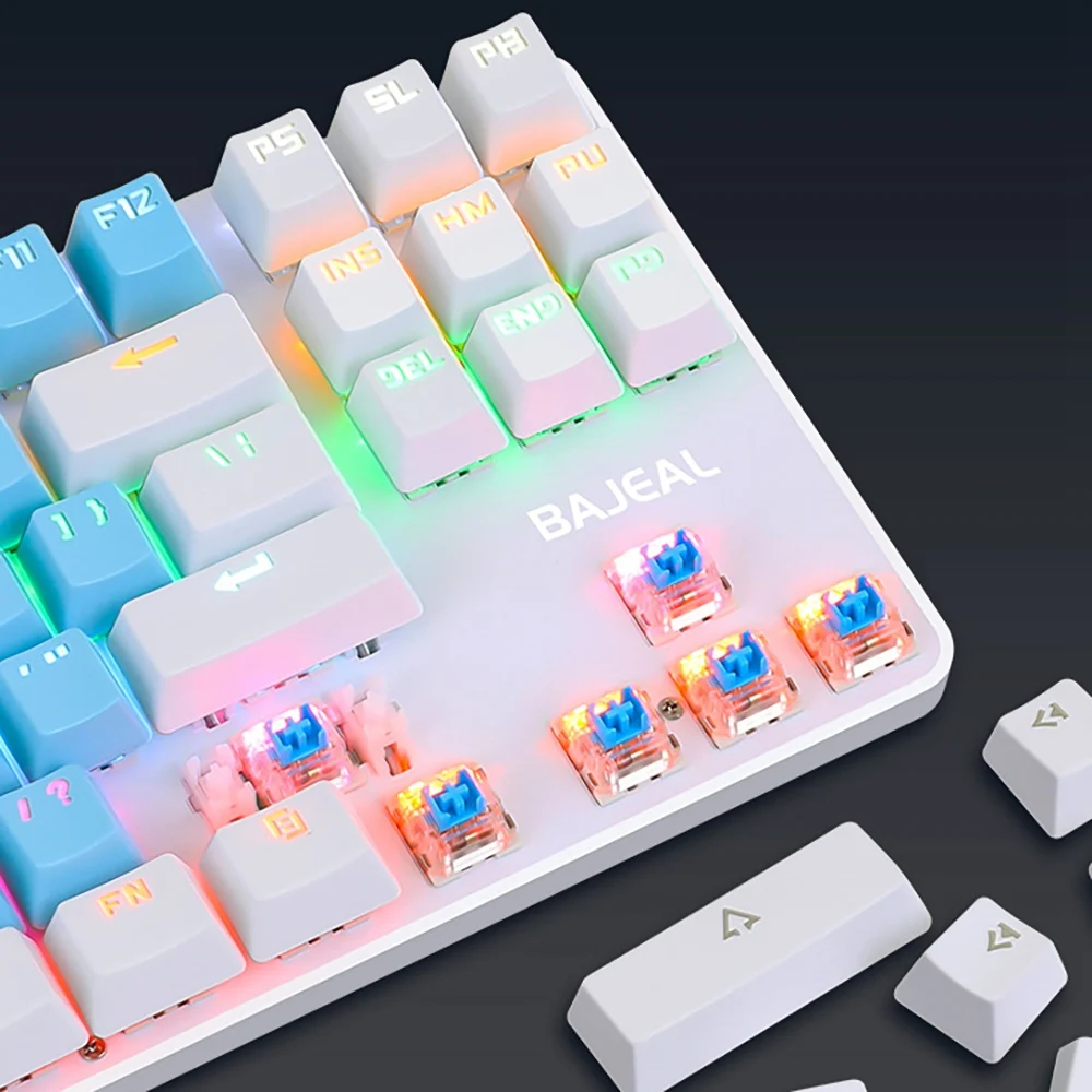 BAJEAL K100 Two-Color Keyboard 87-Key Green Axis Keycap USB Wired Mechanical Keyboard Gaming(White+Pink)