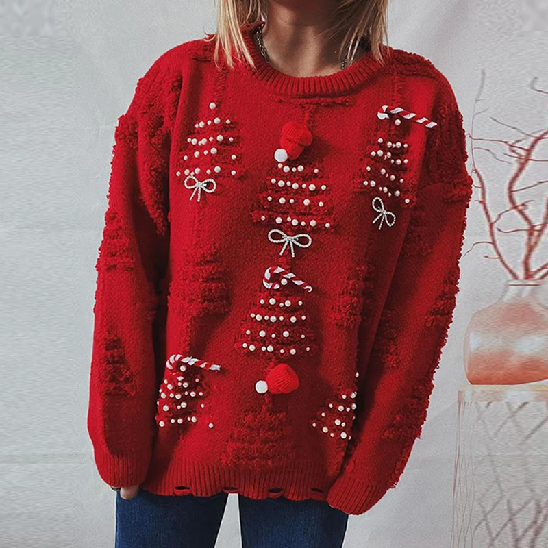 

Winter Autumn Casual Chic Beaded Sweaters Jacquard Long Sleeved Knitted Sweater Pullovers New Women Year Festival Loose Sweaters