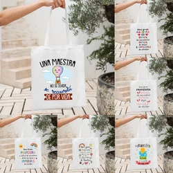Spanish Print Tote Bag Gift for Una Maestra Graduation Retire Back To School Gift Women Foldable Shopping Handbag Mujer Bolsas