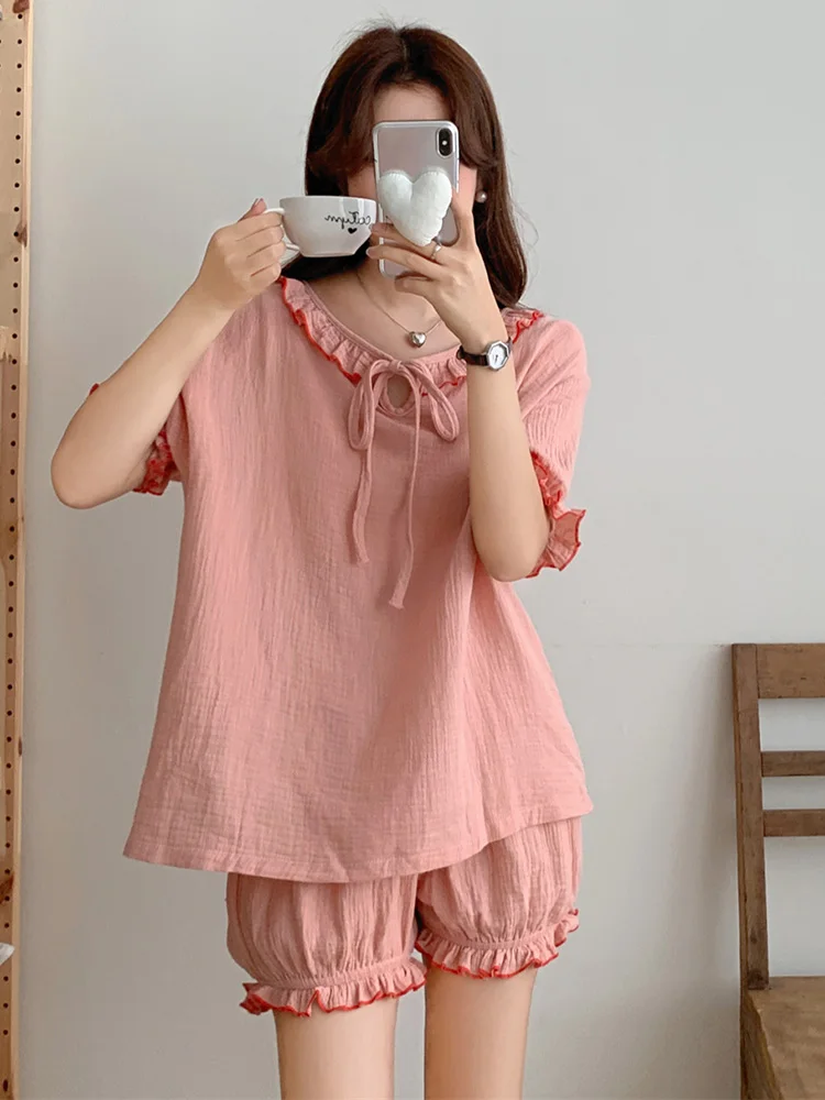 Korean Style Soft Summer Solid Sleeveless NightDress Women Princess Simple Kawaii Girlish Style Short Sleeved Pajama Set Ins