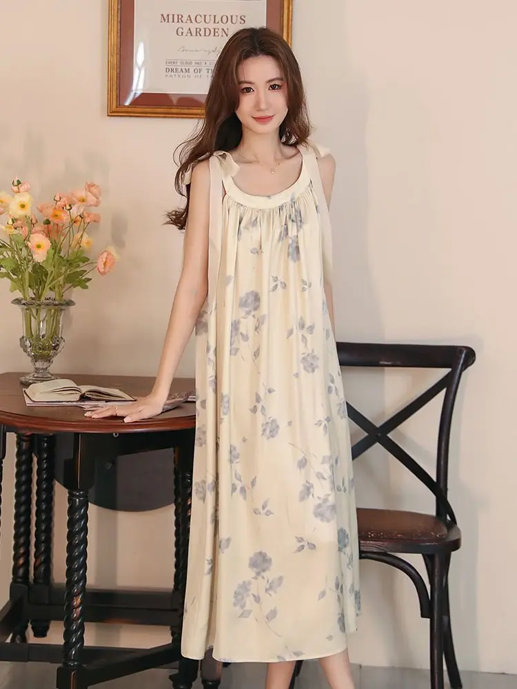 

Женская летняя пикантная Милая Пижама, платье в китайском стиле с принтом, Женская свободная простая трапециевидная ночная рубашка с лямкой на шее, можно носить