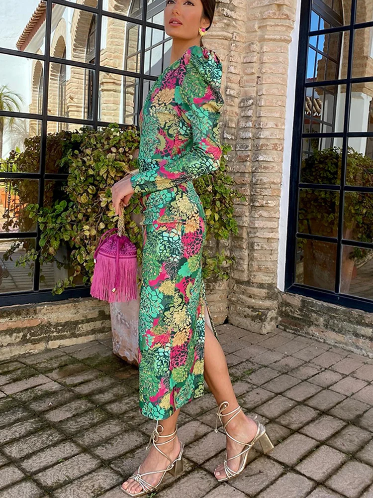보헤미안 프린트 싱글 숄더 롱 드레스, 여성 패션, 긴팔 백리스 슬림 로브, 여성 캐주얼 클럽 파티 복장, 여름