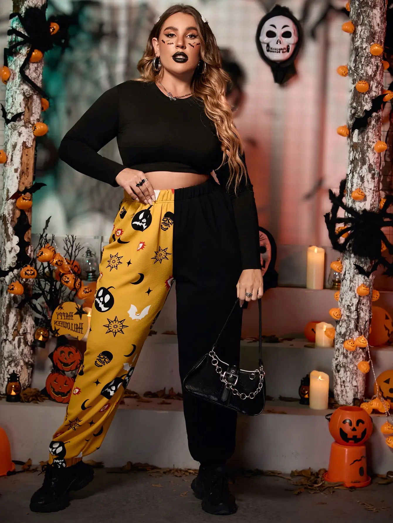 

Finjani Women's Plus Size Pants Cartoon Ghosts And Bats Allover Print Slim Halloween Party Pants