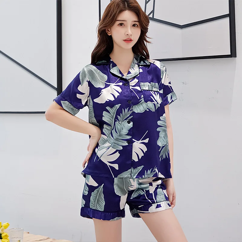 2022SS Women Satin Pajamas Set Full Printed Long Sleeve & Pants Sleepwear Short Sleeve & Shorts Nightwear Ladies Loungewear