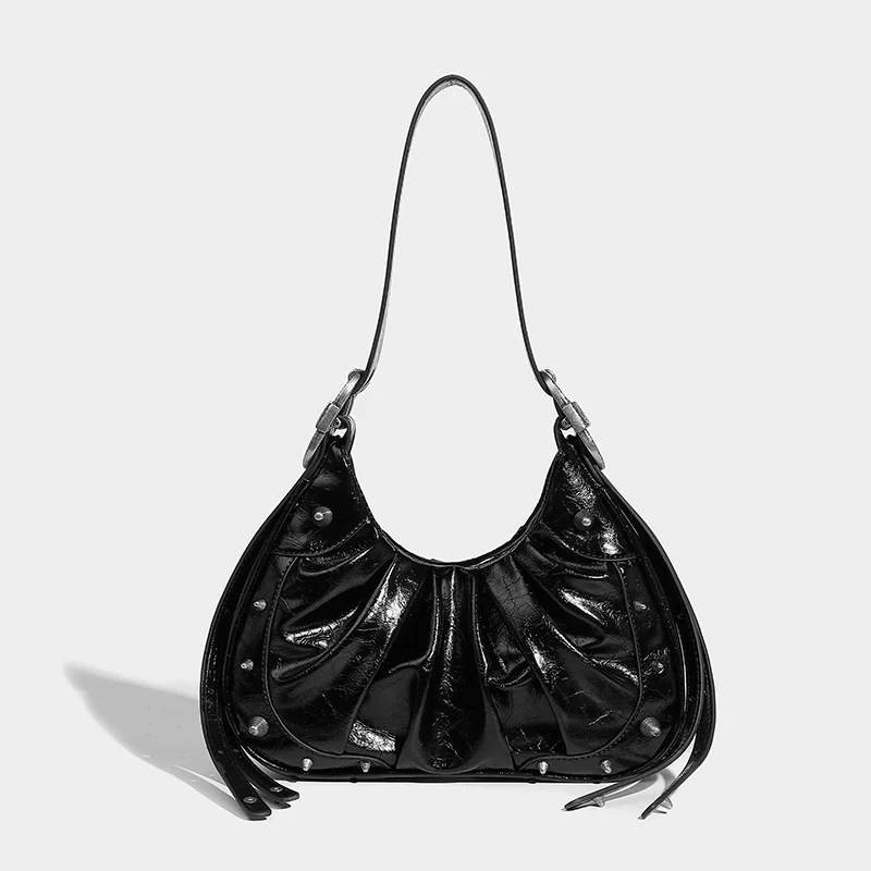 Moto&Biker Y2K Shoulder Bags For Women Luxury Designer Handbags And Purse 2024New In Rivet Decorate Pleated Crossbody Bag Bolsos