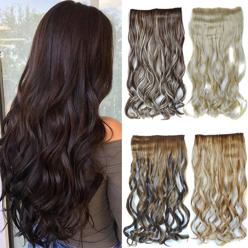 

Synthetic 24inch 5 Clips In hair Extensions Long Curly Wave Women Clip in Hair Ombre Black Brown High Temperature Hairpieces