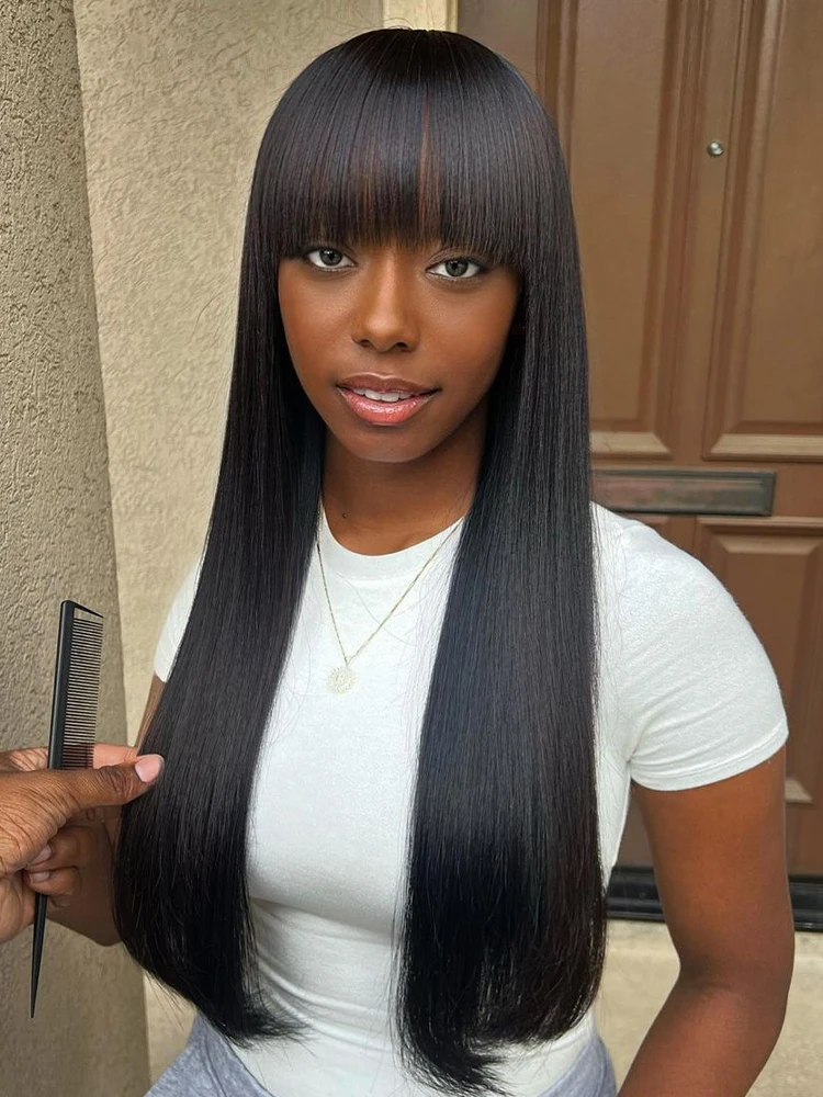 

30 Inch Long Bone Straight 100% Human Hair Wig With Bangs Short Bob Human Hair Wigs For Black Women Cheap Brazilian Fringe Wig