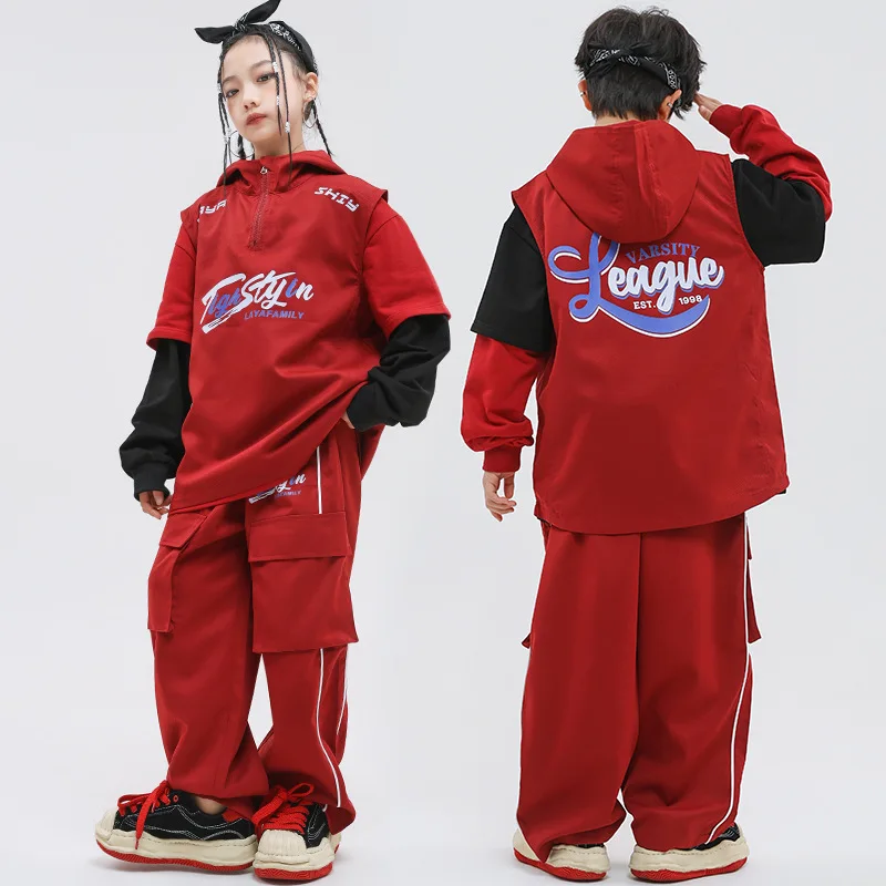

Kid Cool Hip Hop Clothing Wine Red Sweatshirt Hoodie Vest Top Striped Casual Cargo Pants for Girl Boy Jazz Dance Costume Clothes