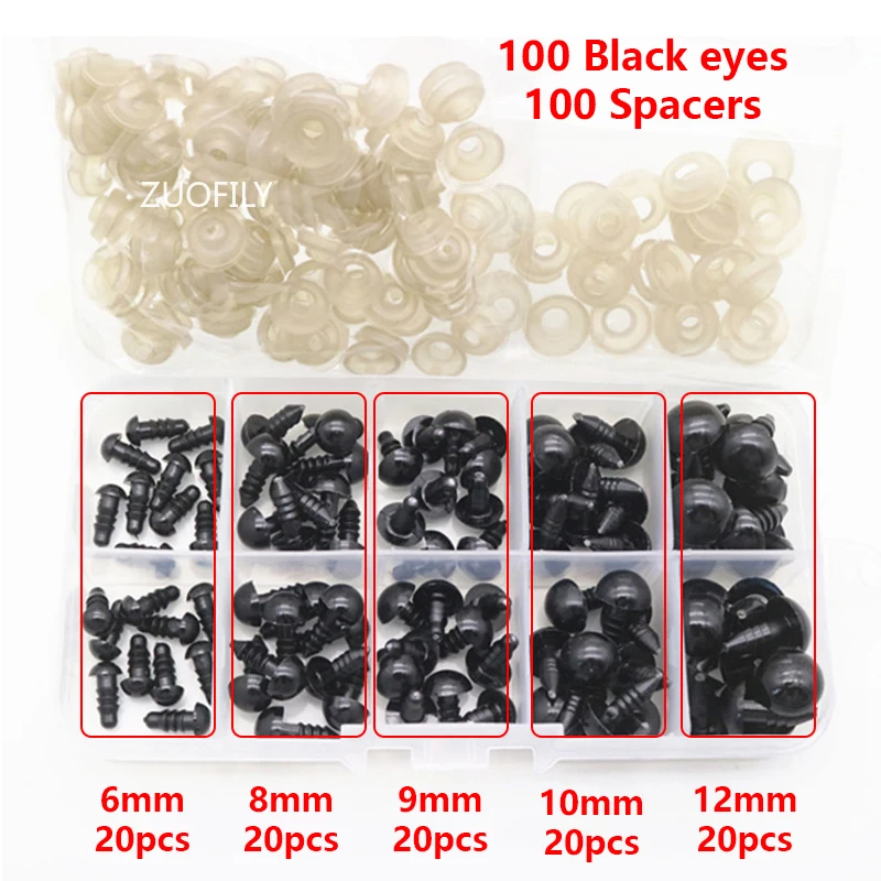 Plastic Safety Eyes Doll Eyes Googly Doll Eyes Plastic Toy Eyes Doll Handmade Accessories 6-14mm Black Plastic Safety Eyes for DIY Crochet Doll Decoration DIY Craft Kit Plush Toy Soft Toy Doll Eyes Accessories 100Pcs