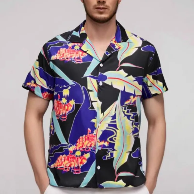 

Hot Hawaiian Vacation Oversize Men Loose Versatile Beach Wear Shirt Outfit Button Leaf Striped Printed Short Sleeve Lapel Collar