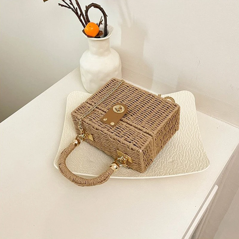 Handmade Summer Straw Bag Women Rattan Box Shoulder Travel Vacation Beach High Quality Square Purse Bolsa