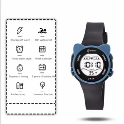 Children's Waterproof Cartoon Digital Watch - Pink LCD Sport Watch with Alarm Clock (Black Watch)