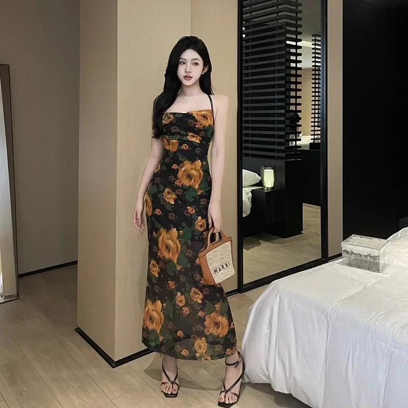 2024 Summer Women Beach Outings  Retro Rose Backless Halter Dress New Slim Fit Skirt Floral Spandex Wear Swimsuit CSM10JY23741