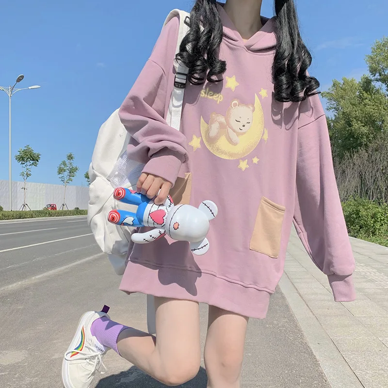 Women Harajuku Sweatshirt Cute Teddy Bear Hoodie Sweatshirts Woman Black Oversized Plush Vintage Kawaii Clothes White Streetwear