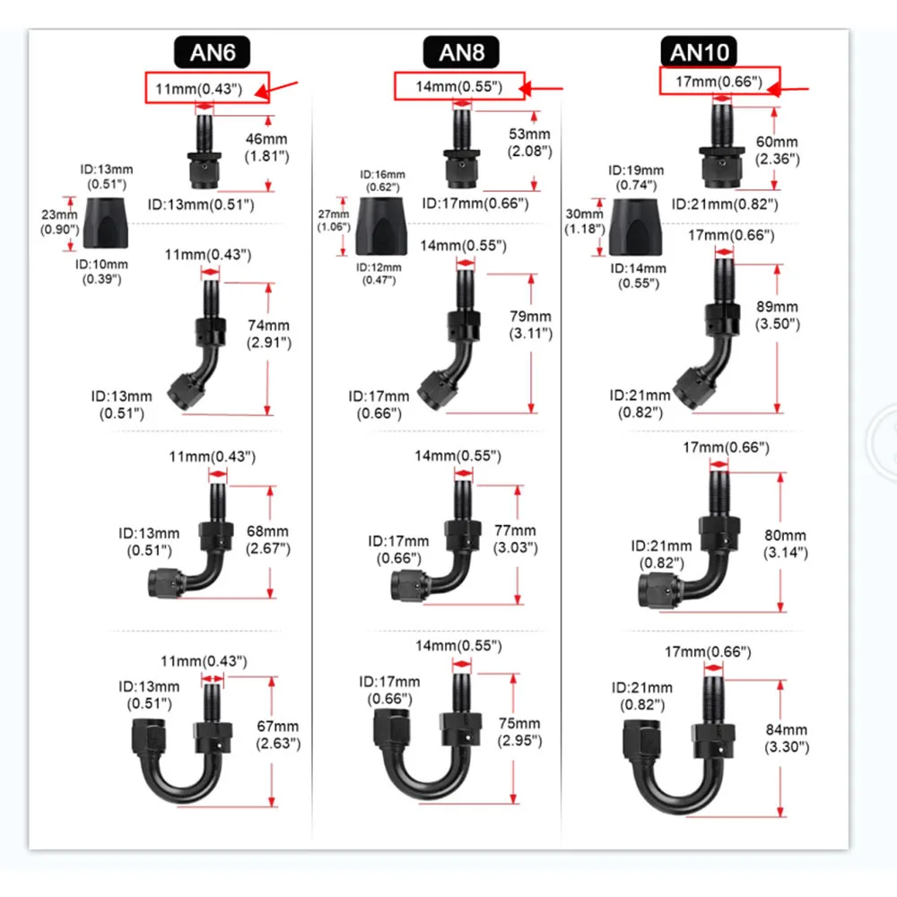 AN6 AN8 AN10 Oil Fuel Swivel Hose Anoized Aluminum Straight Elbow 0 45 90 120 Degree Hose End Oil Fuel Reusable Fitting Black aluminum hose fitting