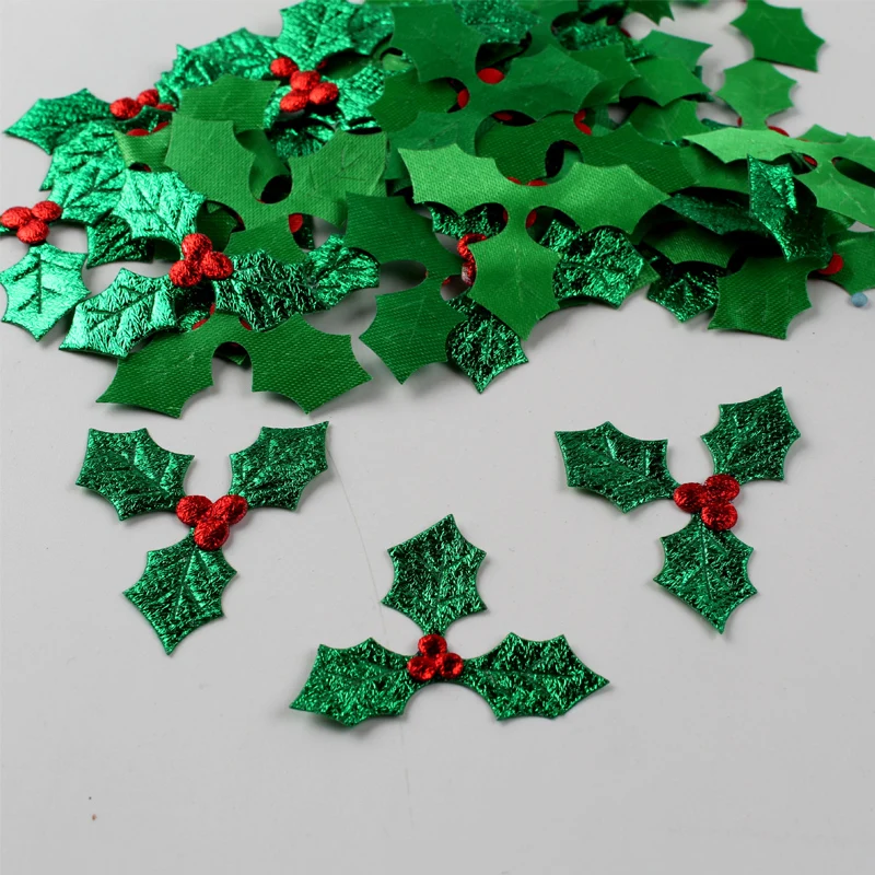 Christmas Glitter Holly Leaf And Red Berry Decoration Table Ornaments DIY Art Fabric Applique Accessories 100Pcs