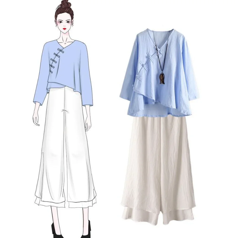 Women Hanfu Linen Shirt Oriental Top Yoga Sets Blouse Loose Wide Leg Pants Trousers Kung Fu Uniform